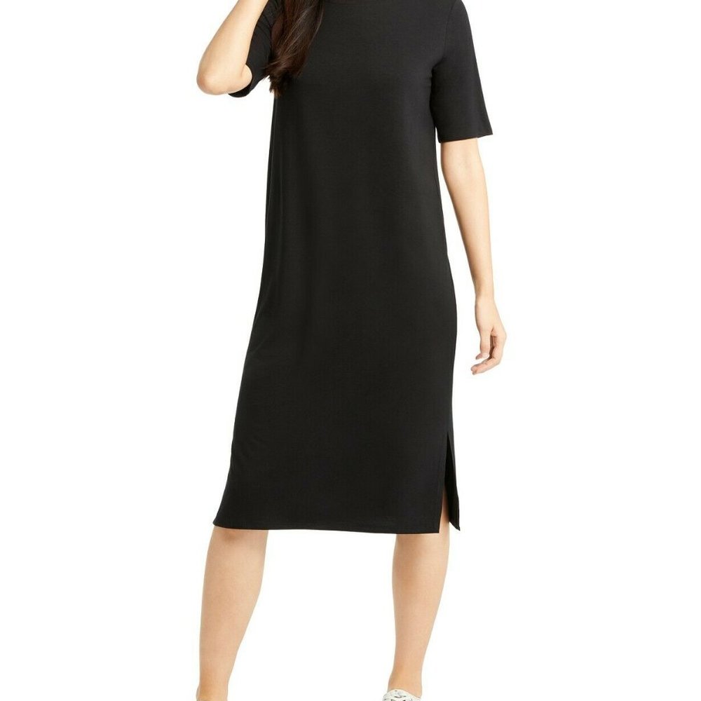 NWT Eileen Fisher Black Fine Tencel Jersey Round-Neck Shift Dress ~ SMALL